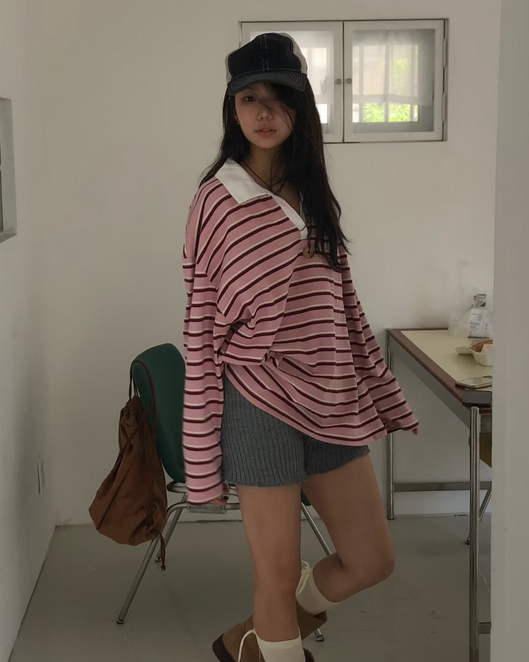 間條寬鬆有領長袖上衣 Striped Oversized Polo Shirt