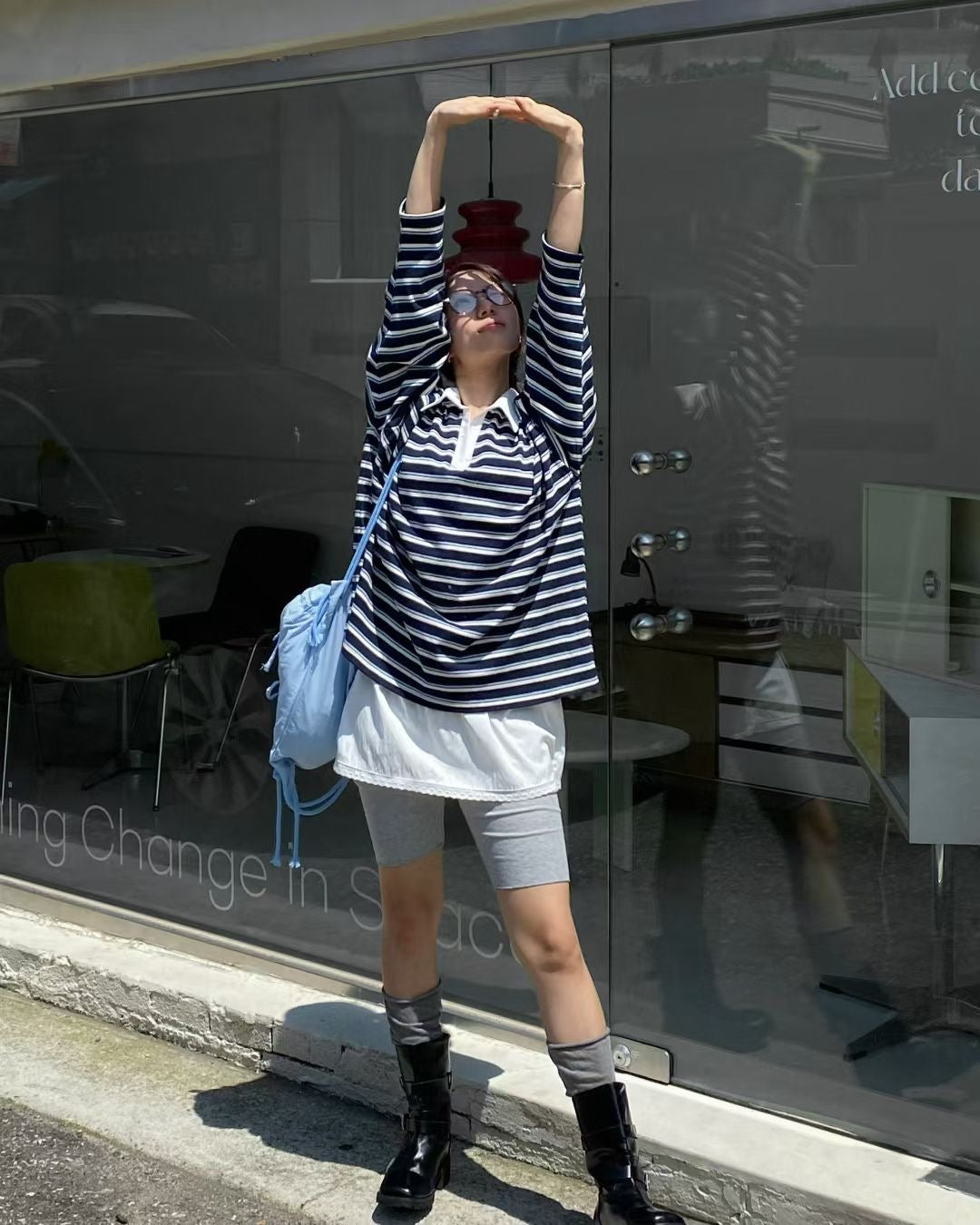 間條寬鬆有領長袖上衣 Striped Oversized Polo Shirt