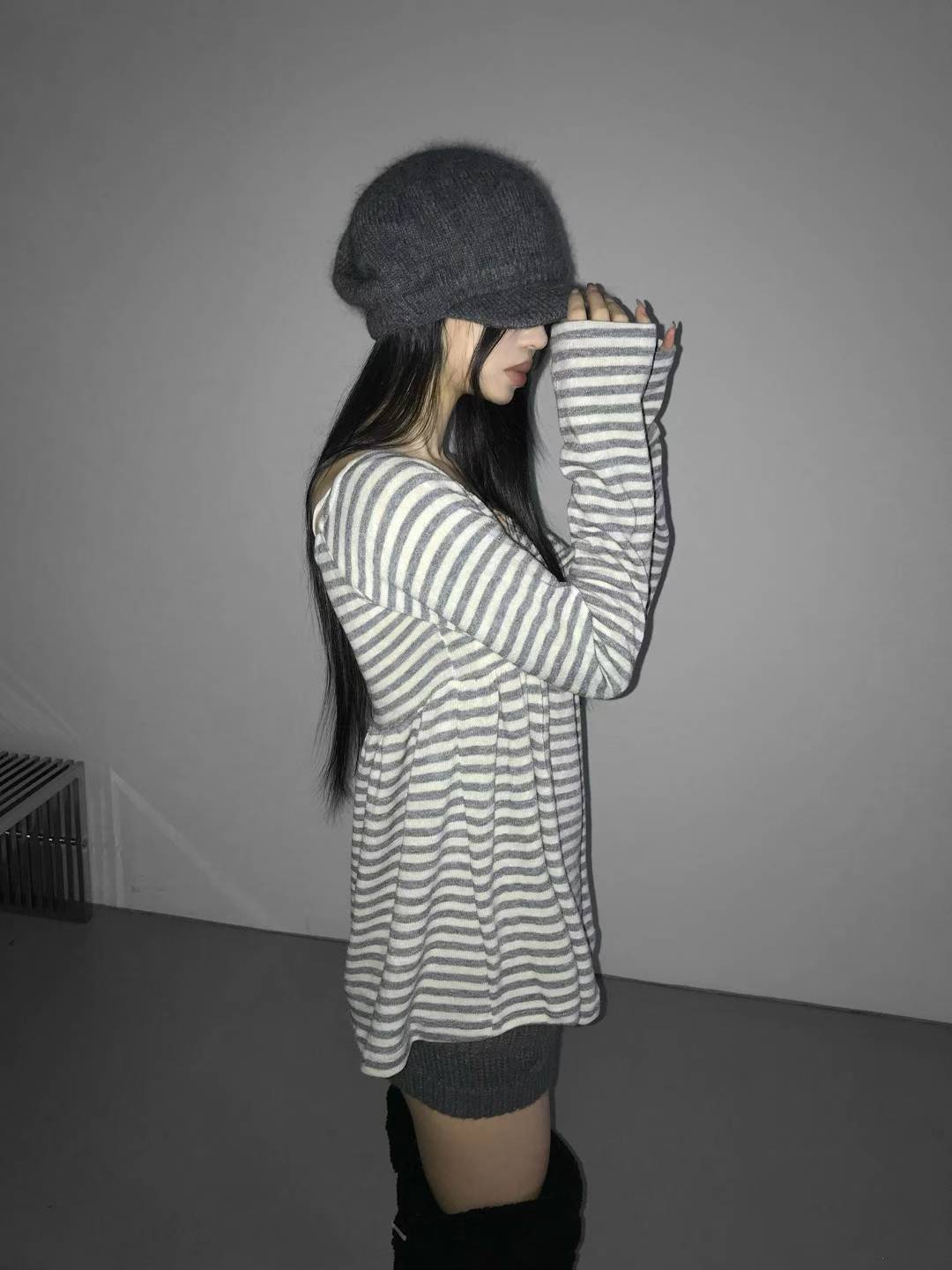 Ribbon Striped Long-sleeved Top