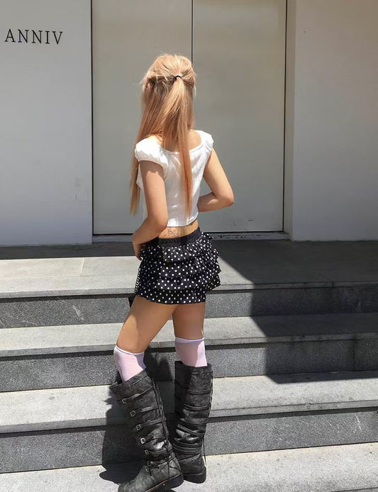 蝴蝶結波點蛋糕短裙褲 Ribbon Polka Dot Cake Skirt Shorts