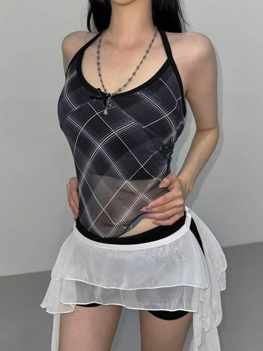 透視格仔掛頸背心 Checkered Halter Tank