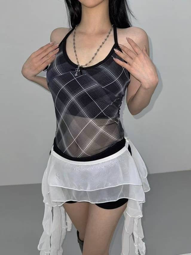 透視格仔掛頸背心 Checkered Halter Tank