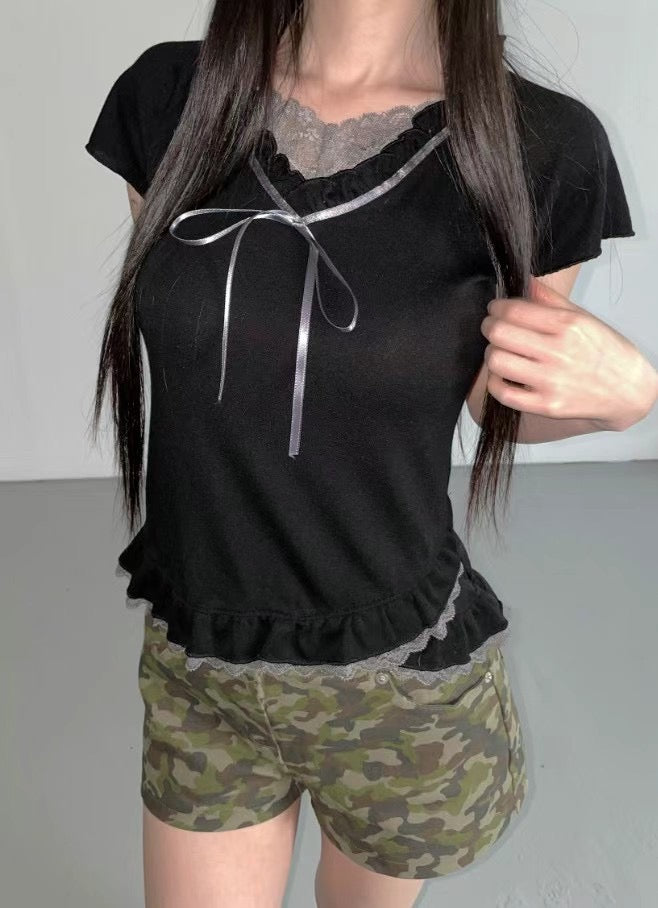 芭蕾風蕾絲蝴蝶短袖 Laced Ribbon Short Sleeve Top