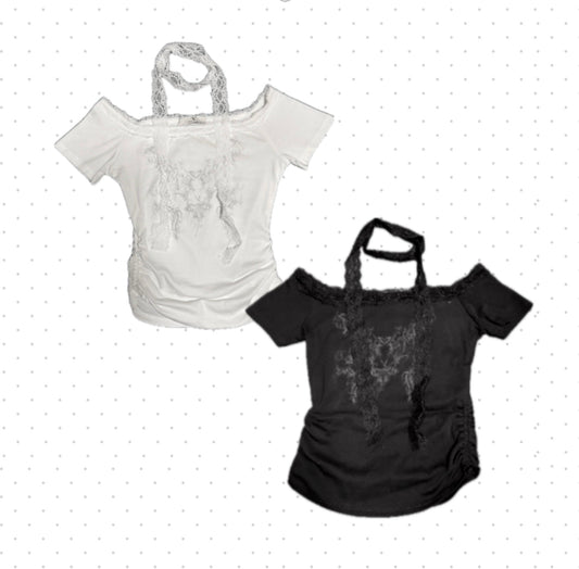 蕾絲露肩掛頸短袖上衣 Lace Off-shoulder Halter Neck Top
