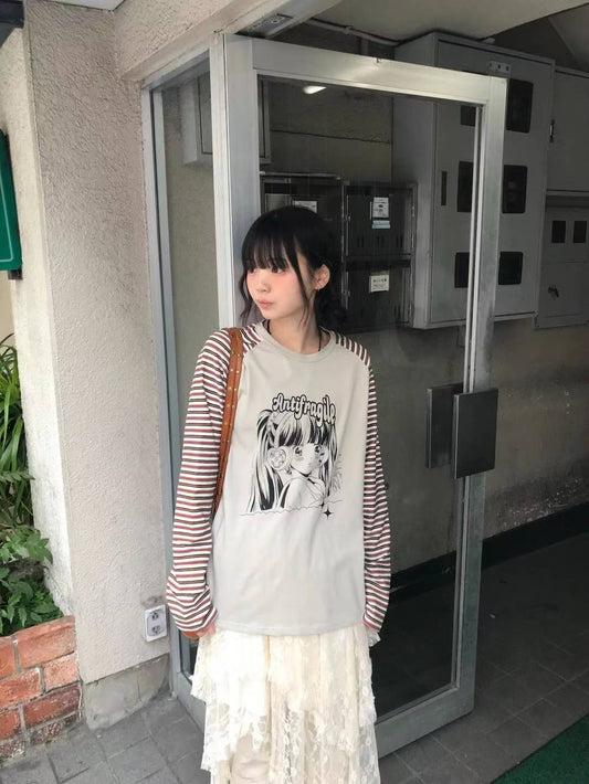 漫畫少女印花條紋長袖上衣 Cartoon Girl Print Striped Long-sleeves