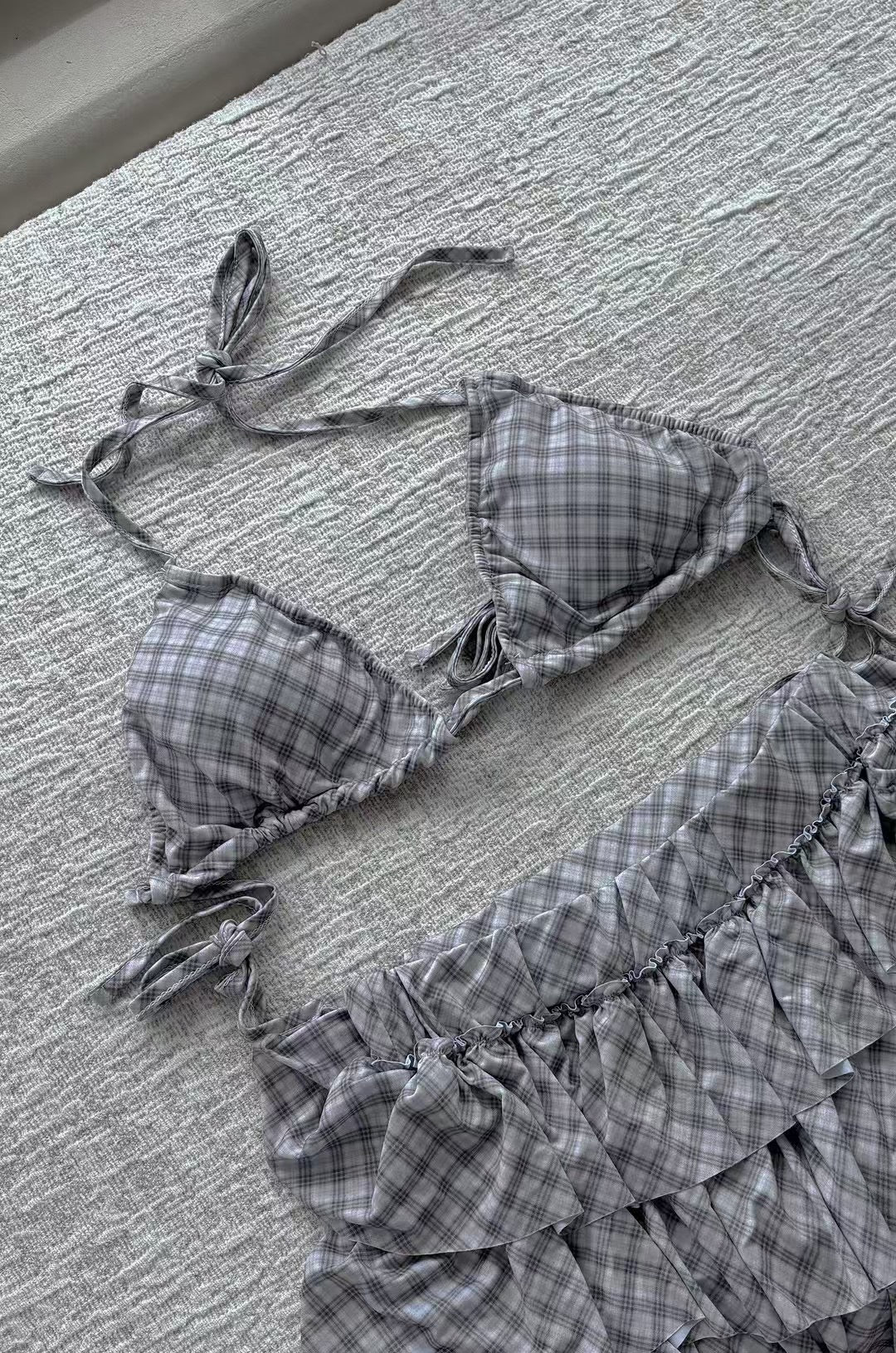 Checkered Bikini Set With Dress Outer