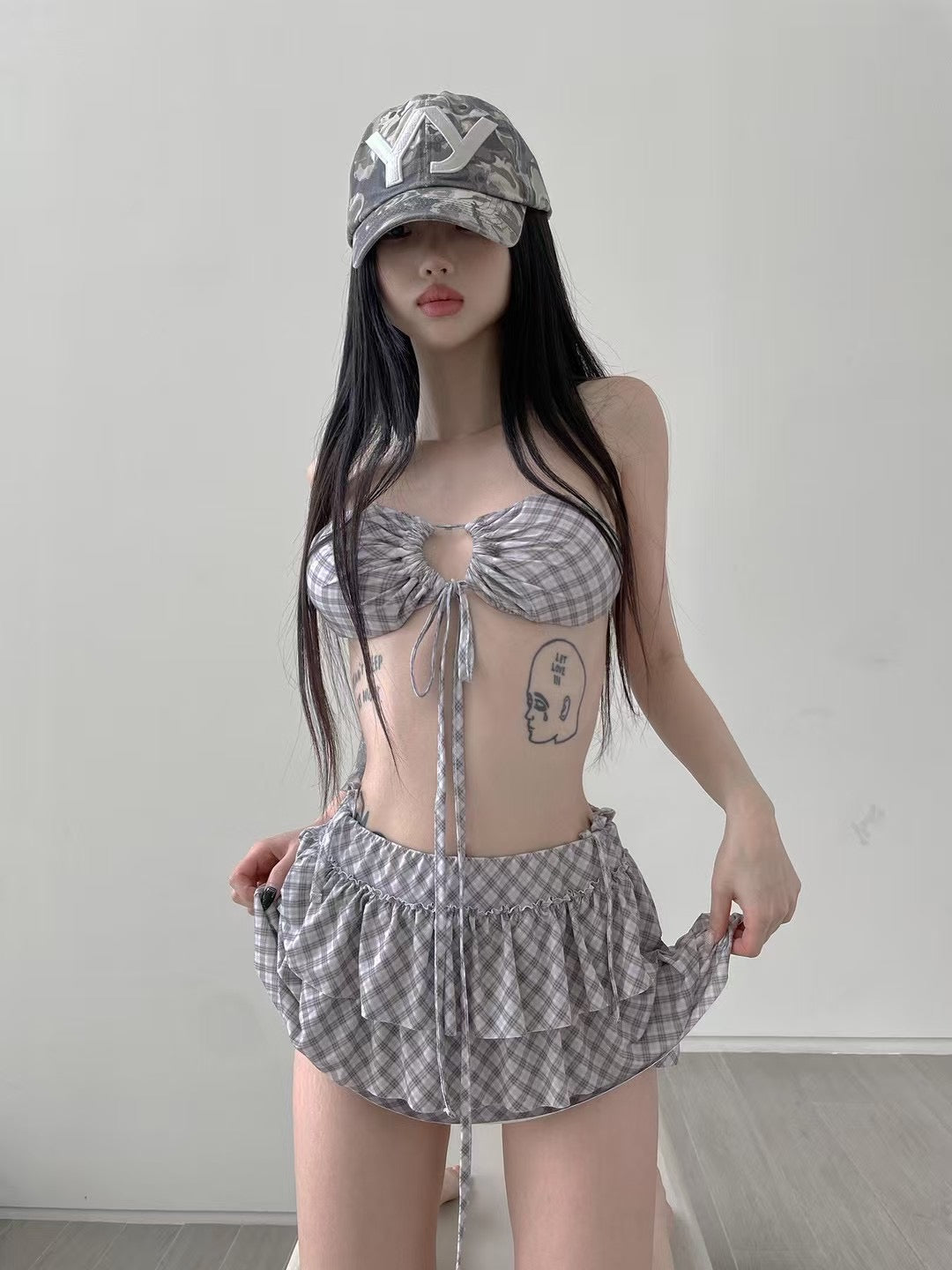 Checkered Bikini Set With Dress Outer