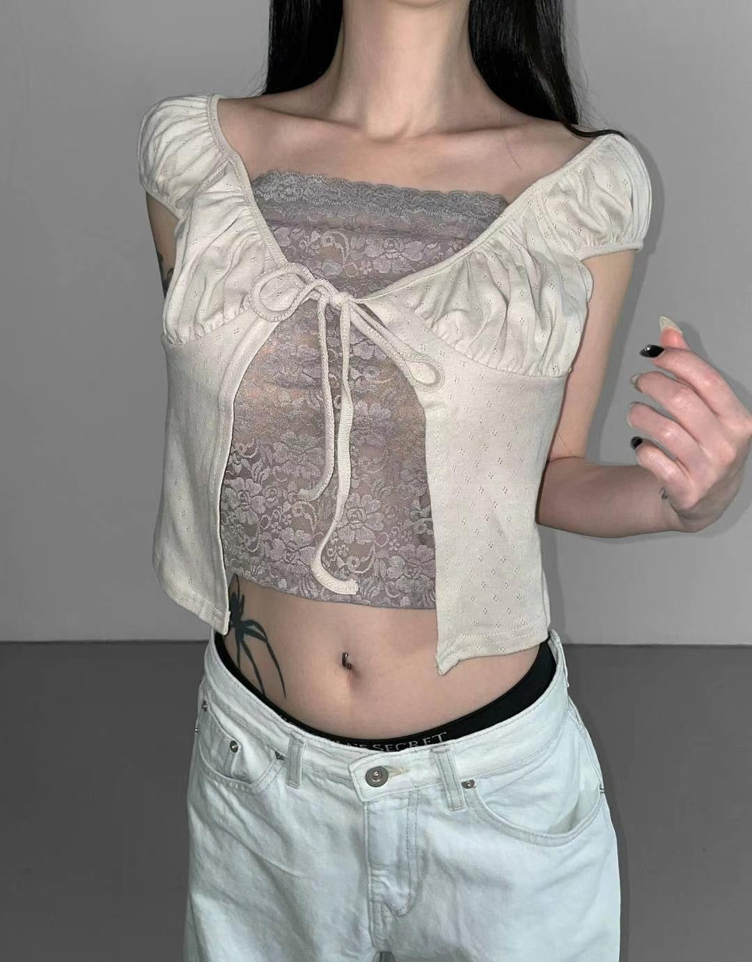 蕾絲假兩件 Lace Fake Two-Piece Cardigan