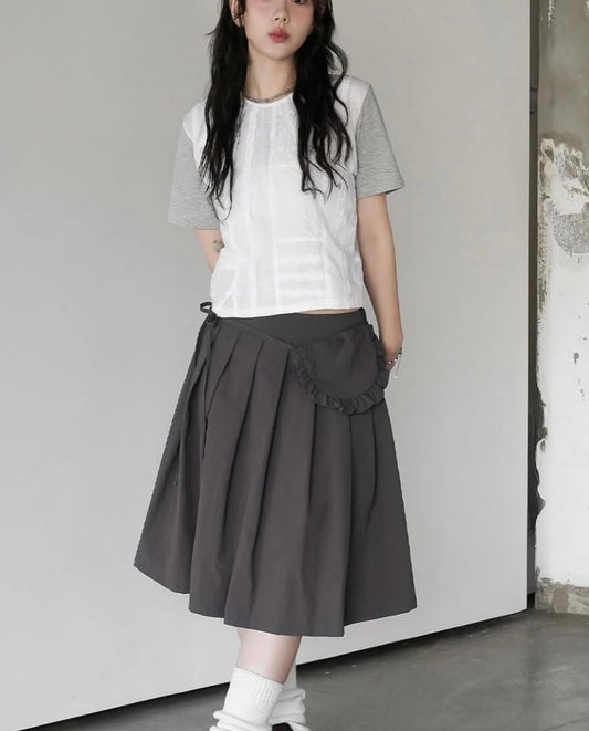 百褶中長裙配荷葉邊口袋腰帶 Pleated Midi Skirt with Ruffled Pocket Belt