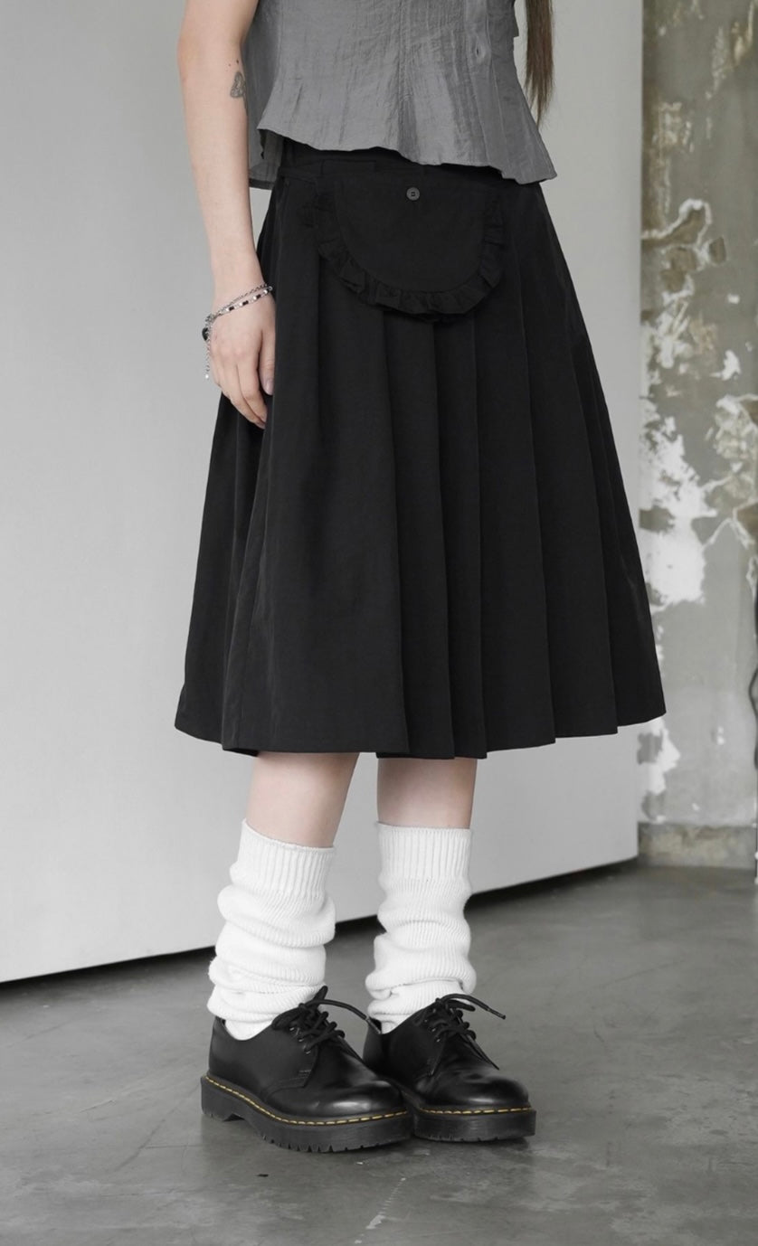 百褶中長裙配荷葉邊口袋腰帶 Pleated Midi Skirt with Ruffled Pocket Belt