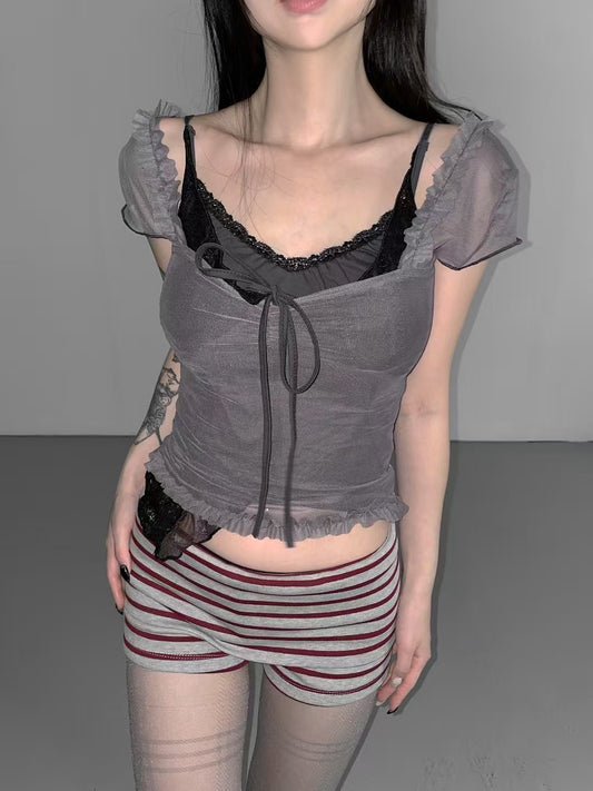 荷葉邊蝴蝶結透膚短袖上衣 Ruffled Ribbon Lace Short-sleeves