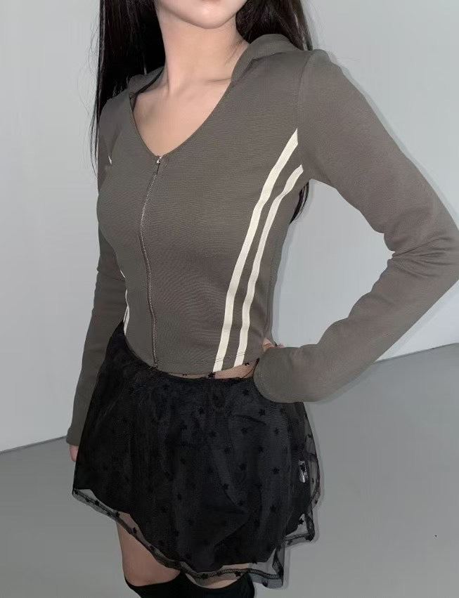 三間拉鍊長袖連帽外套 Striped Zip-up Long Sleeve Hoodie