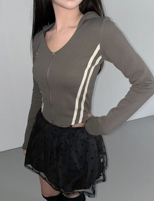 三間拉鍊長袖連帽外套 Striped Zip-up Long Sleeve Hoodie