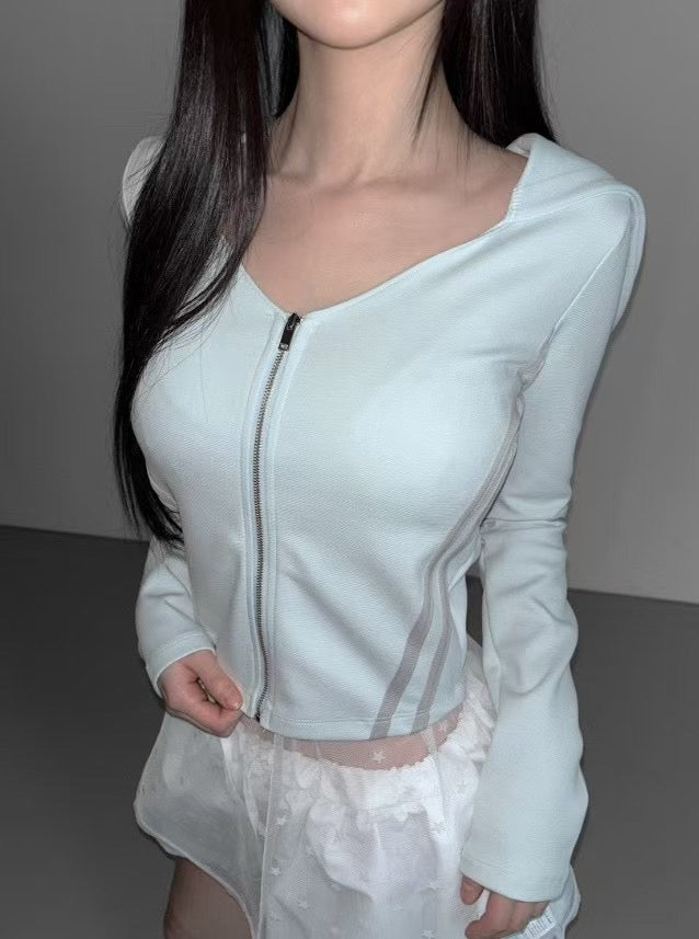 三間拉鍊長袖連帽外套 Striped Zip-up Long Sleeve Hoodie