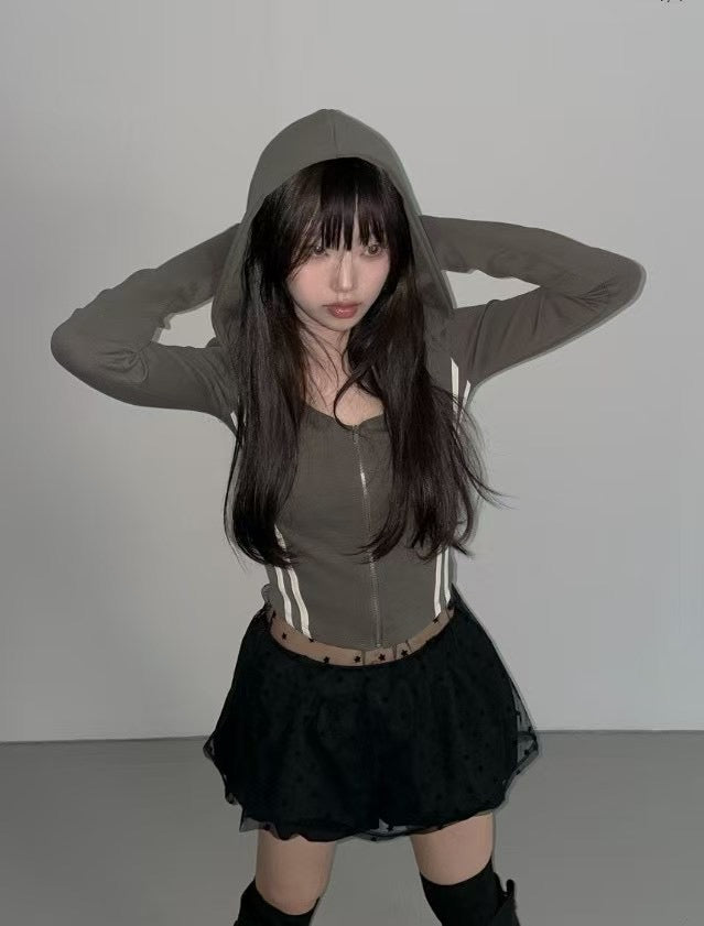 三間拉鍊長袖連帽外套 Striped Zip-up Long Sleeve Hoodie