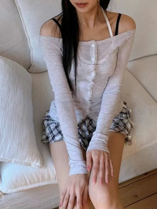 一字膊鈕扣長袖外搭 Off-shoulder Long Sleeve Outer
