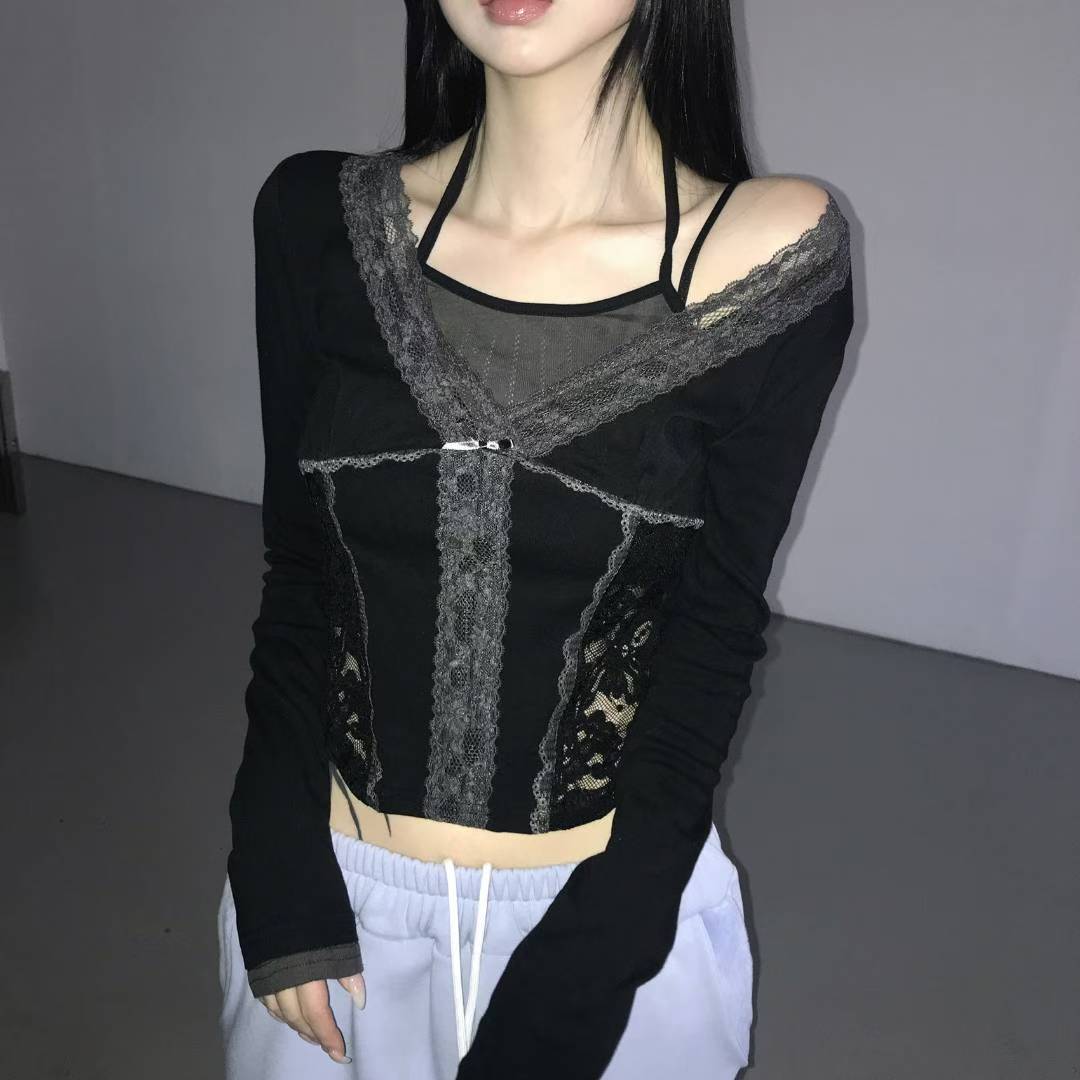 Lace Fake-two-piece Long-sleeves Top