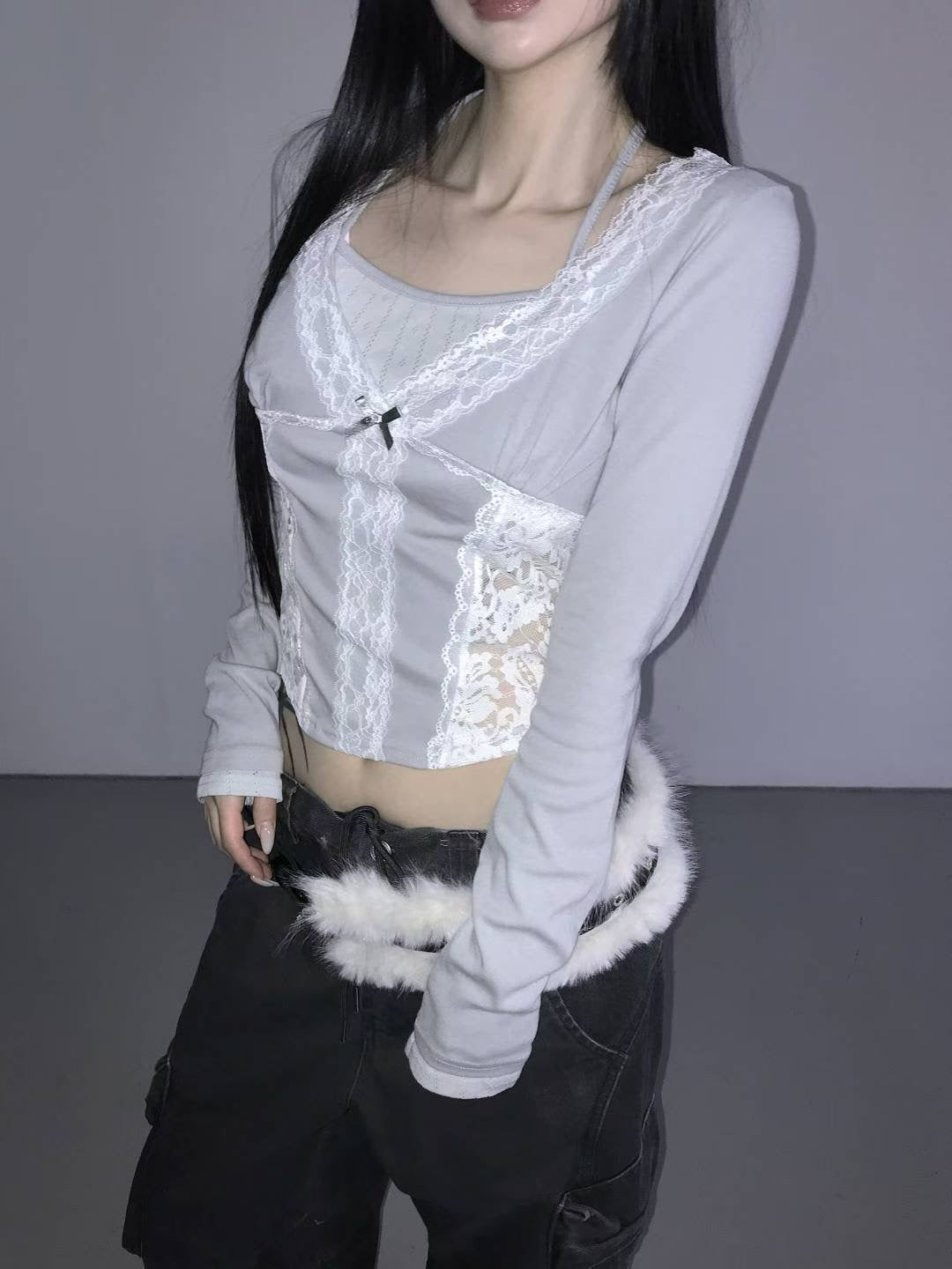 Lace Fake-two-piece Long-sleeves Top