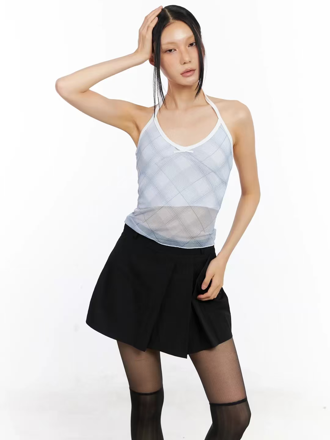 透視格仔掛頸背心 Checkered Halter Tank